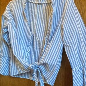 Blue and White Striped Tie-Front Blouse